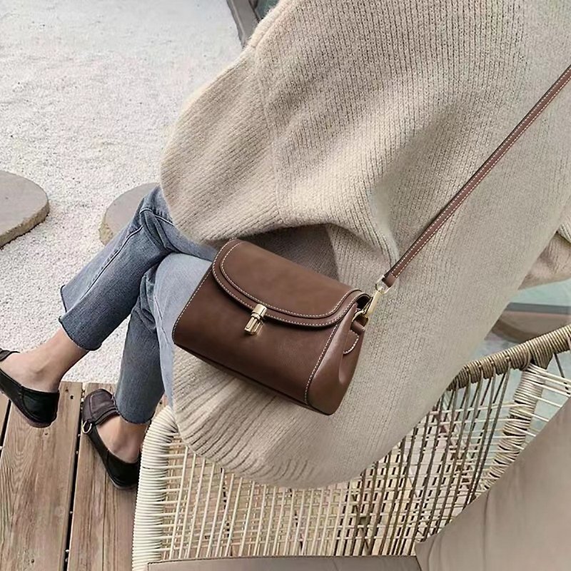 Messenger bag handbag genuine leather shoulder bag small square bag - Handbags & Totes - Genuine Leather Brown