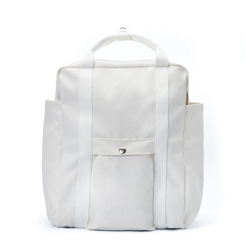 Pure white square casual backpack - กระเป๋าเป้สะพายหลัง - ผ้าฝ้าย/ผ้าลินิน ขาว