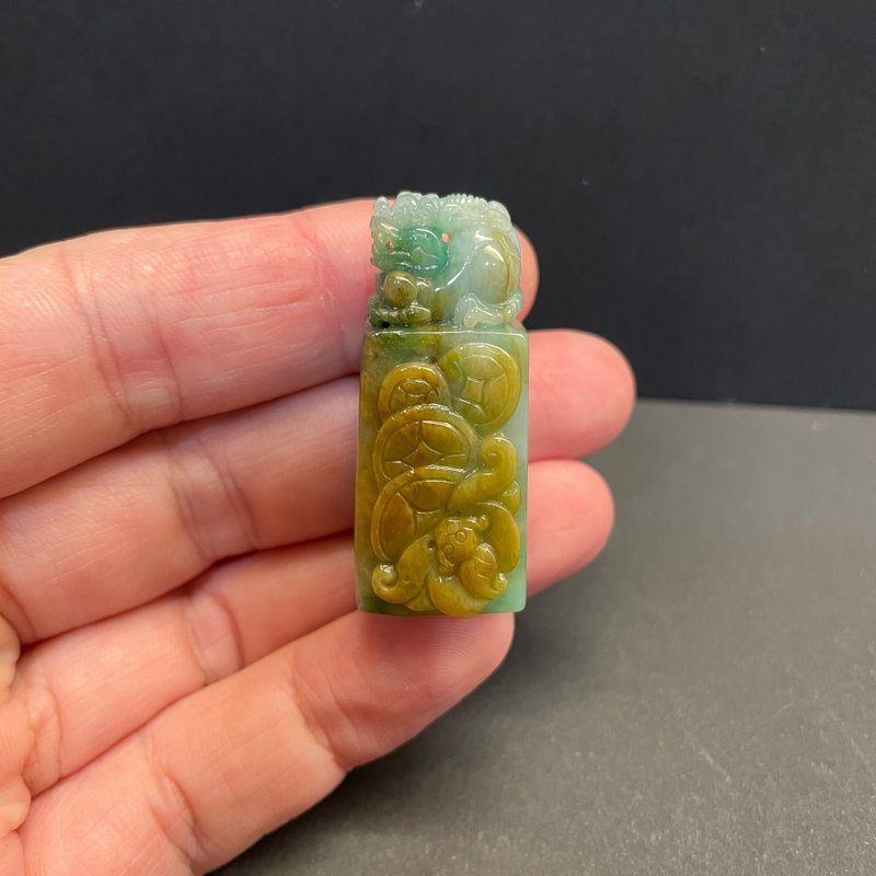 瀚玉珠寶 天然翡翠 三彩貔貅印章 老三彩翡翠印章 貔貅 黃加綠 - 其他 - 玉石 