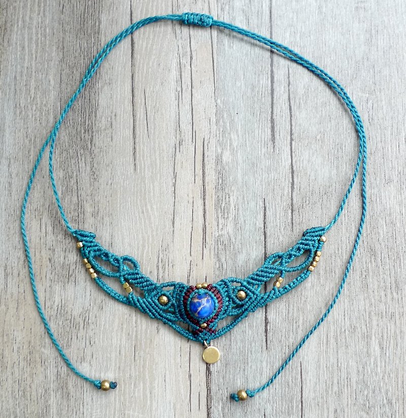 Misssheep-N11 - Forest Fairy Blessing Green X Brown South American Wax Weave National Wind Brass Blue Imperial Stone Necklace - สร้อยคอ - วัสดุอื่นๆ 