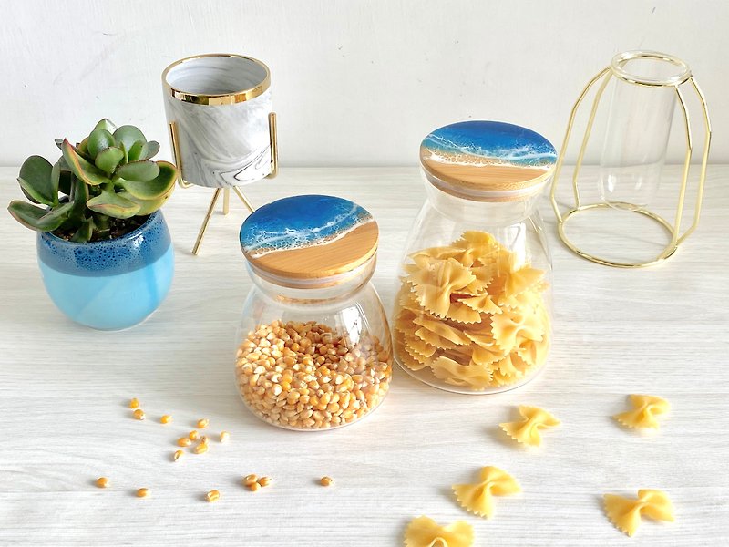Glass Jar, Glass Canister, Resin Ocean Painting, Wedding Gift, Home Gift - 調味罐/醬料罐 - 玻璃 藍色