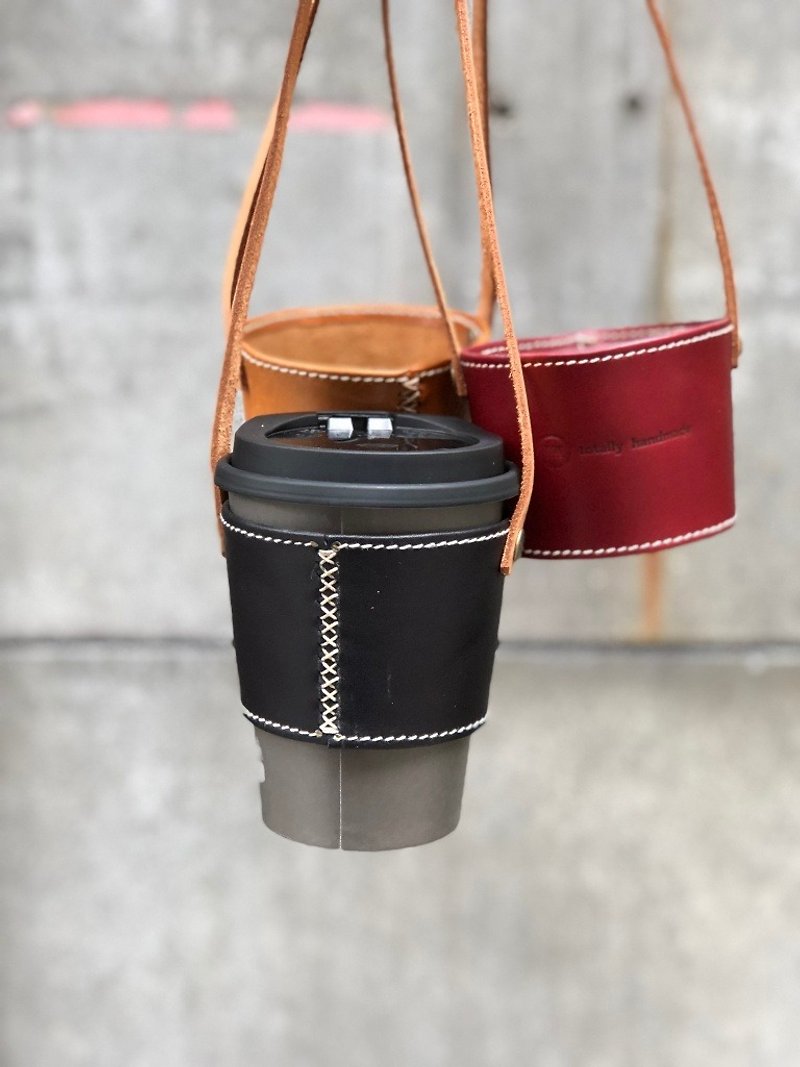 Portable beverage cup holder leather cup holder-vegetable tanned cowhide- - ถุงใส่กระติกนำ้ - หนังแท้ สีดำ