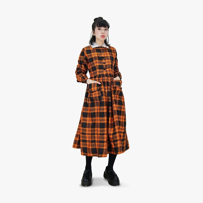 A‧PRANK: DOLLY :: Vintage VINTAGE Orange Black Plaid Lace Collar Vintage Dress (D711026) - One Piece Dresses - Paper Orange