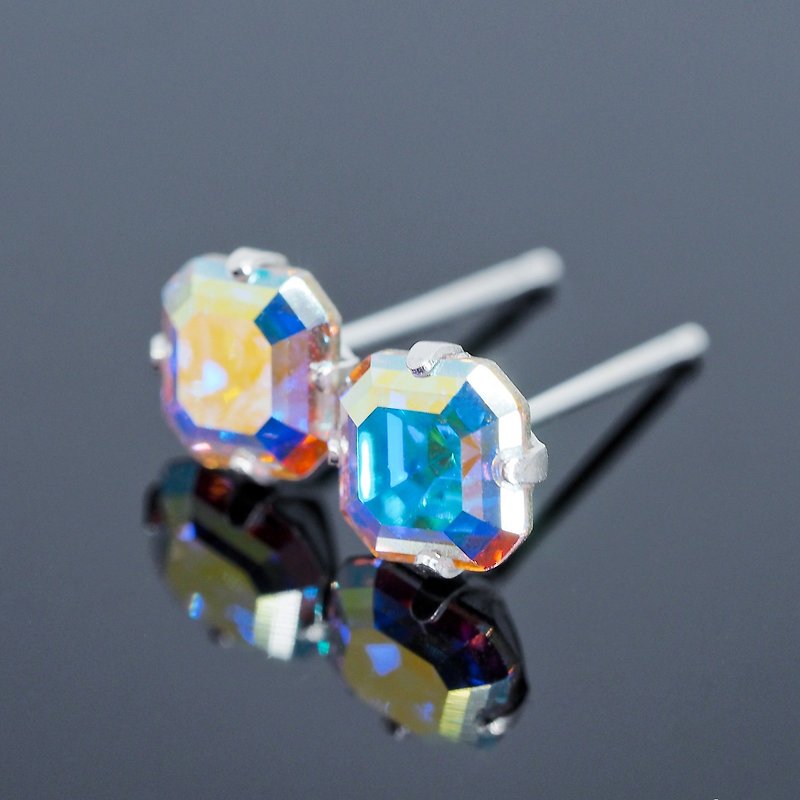 AB Rainbow Swarovski Crystal Earrings, Sterling Silver, 6mm Square, Mermaid Blue - Earrings & Clip-ons - Sterling Silver Multicolor