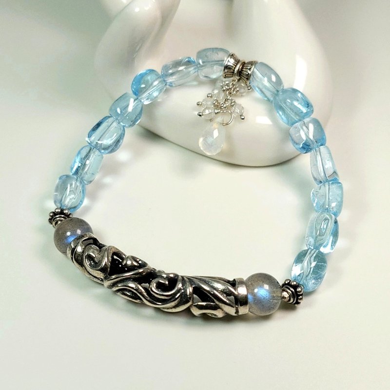 Bracelet blue Stone labradorite moonstone aquamarine hand beads 925 silver ornaments Silver tube Gemstone - Bracelets - Gemstone Blue