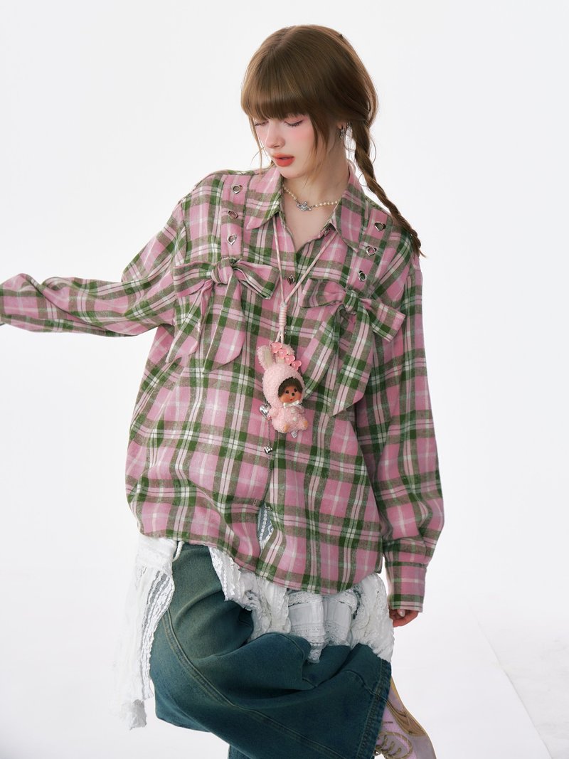 ziziFei autumn and winter American retro design plaid thickened brushed loose pink plaid shirt jacket for women - เสื้อเชิ้ตผู้หญิง - วัสดุอื่นๆ สึชมพู