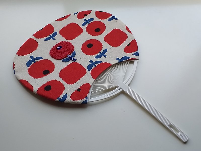 Single red flower embroidered fan (large) - Fans - Cotton & Hemp Red