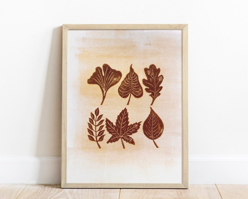 Brown and gold fall leaves artwork Botanical linocut print Autumn wall art - 海報/掛畫/掛布 - 紙 咖啡色