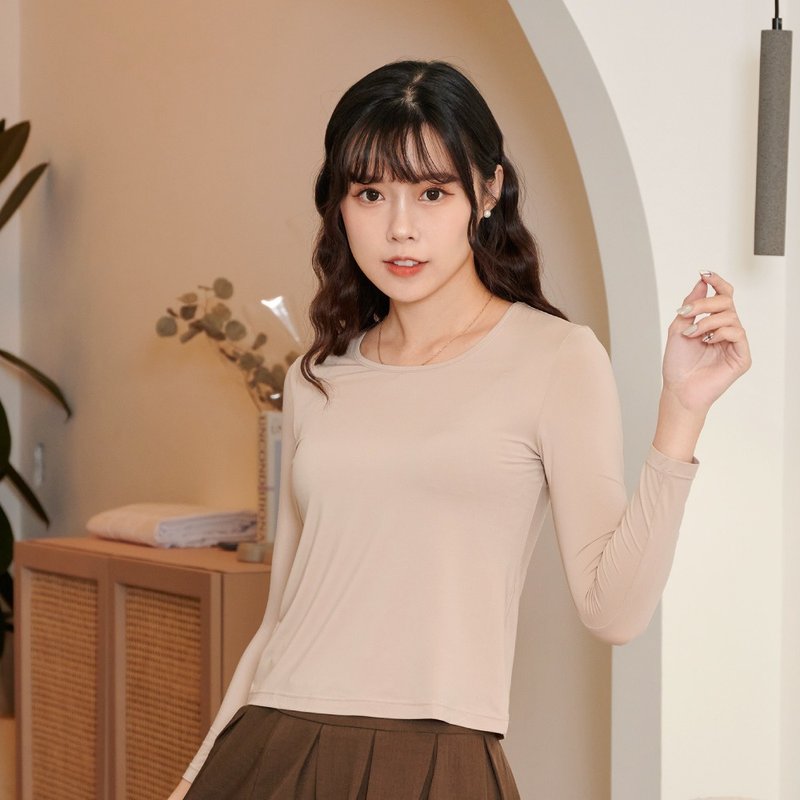 Women's lightweight brushed thermal clothing, sanitary clothing, brushed sweater, high elasticity, large U-neck, nine-quarter sleeves, women's Khaki - เสื้อผู้หญิง - เส้นใยสังเคราะห์ 