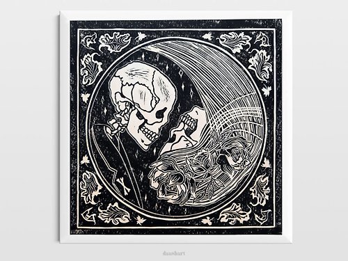 daashart Original artwork linocut print 12x12 Skull love art print Yin yang modern poster