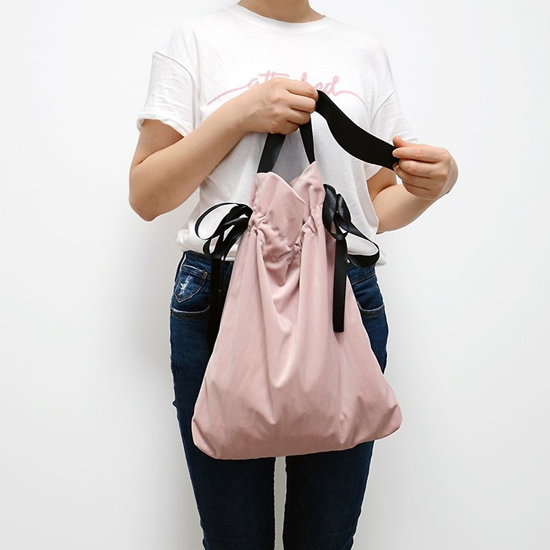 極簡文藝清新大容量粉色藍色抽繩單肩絲絨單肩斜挎背包帆布購物袋 - 側背包/斜背包 - 聚酯纖維 
