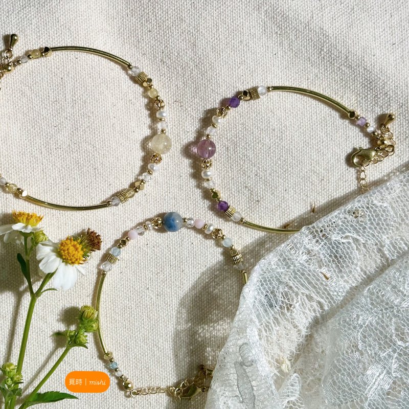 - Poem of Morning Dew - Interwoven Natural Pearls and Gemstones x Polished Brass - Bracelets - Copper & Brass 