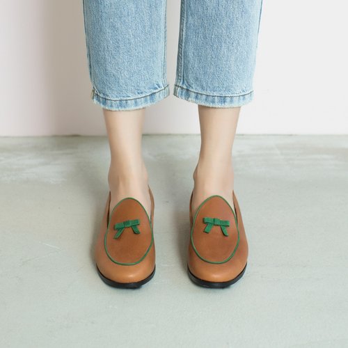 Crayon rubbing color! Alice knotted loafers Brown green full leather MIT-The Wizard of Oz