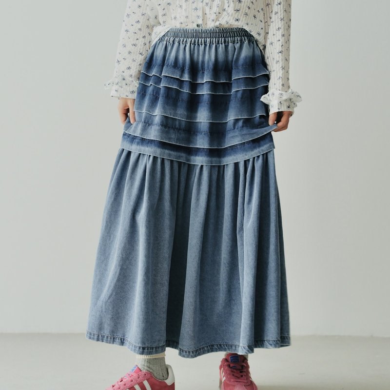 Autumn washed denim layered skirt/skirt denim skirt - กระโปรง - ผ้าฝ้าย/ผ้าลินิน สีน้ำเงิน