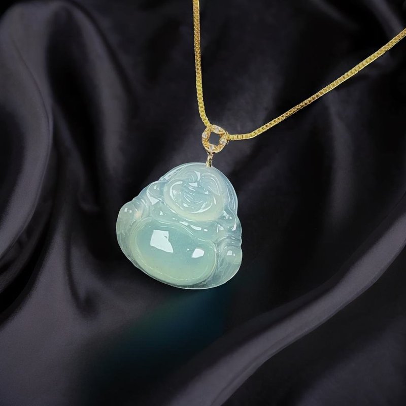 冰綠翡翠彌勒佛吊飾18K金墜頭 | 天然緬甸玉翡翠A貨 | 送禮 - 項鍊 - 玉石 綠色