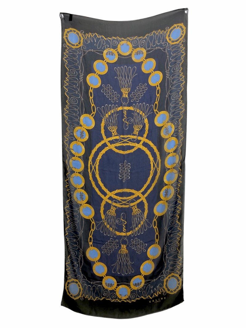 【 日本直送　名牌中古包 】CELINE セリーヌ スカーフ ブラック シルク チェーン vintage ヴィンテージ オールド hahybh - 絲巾 - 絲．絹 黑色