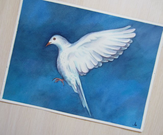 オリジナルの水彩画の白い鳩、家の壁の装飾の鳥 - ショップ Art Space 