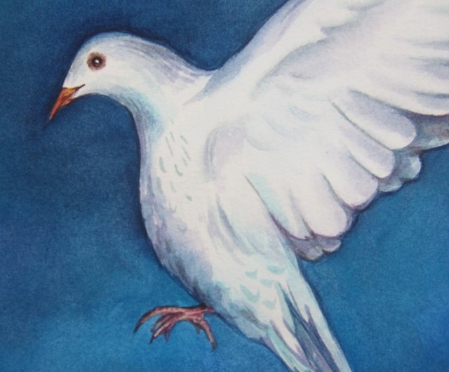 オリジナルの水彩画の白い鳩、家の壁の装飾の鳥 - ショップ Art Space 