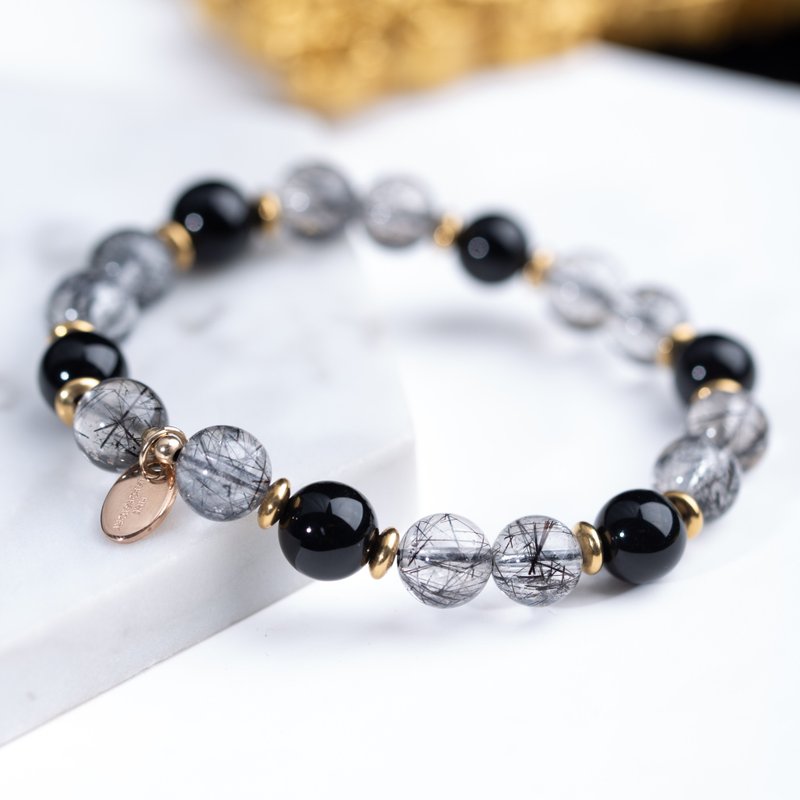 Black Rutilated Quartz, Black Agate, 14K Gold Filled Findings Bracelet - สร้อยข้อมือ - คริสตัล สีดำ