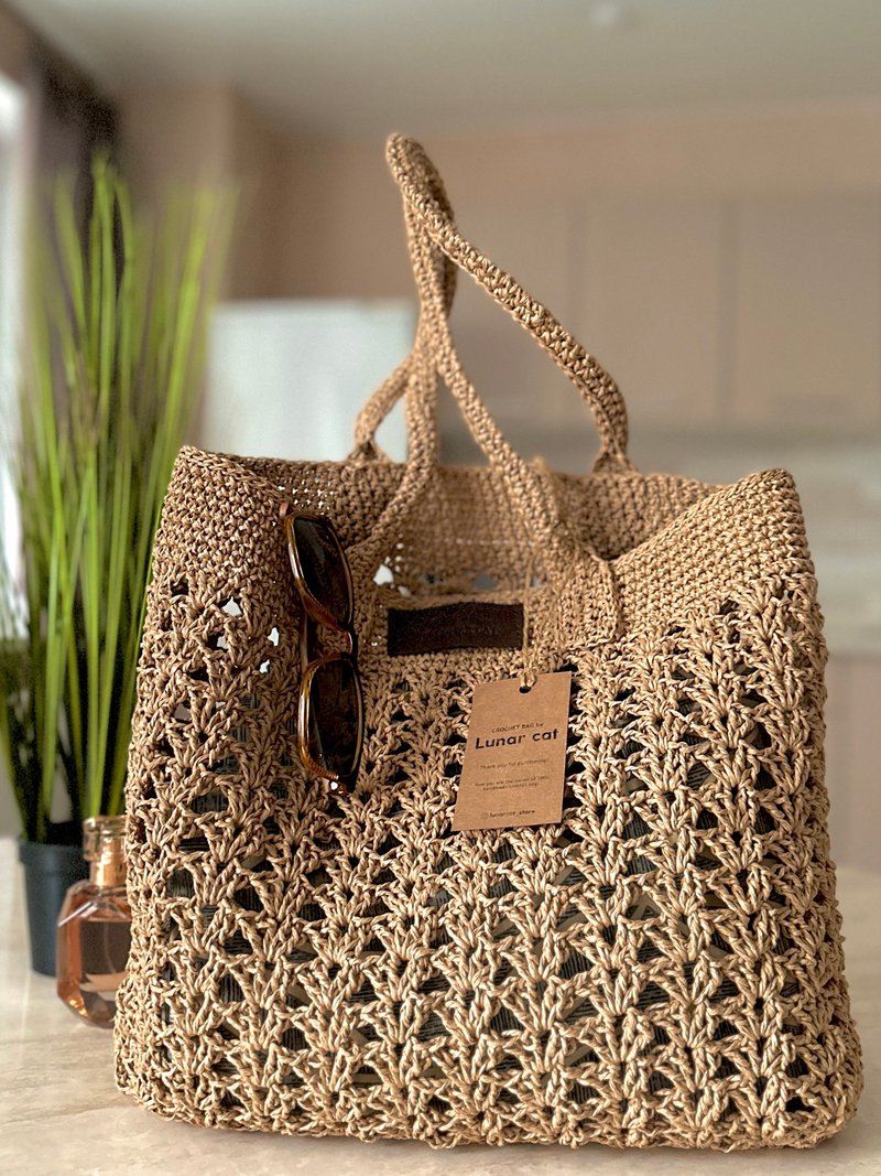 Crochet Raffia Bag, Crochet Shoulder Paper Yarn Bag - กระเป๋าถือ - วัสดุอีโค สีนำ้ตาล