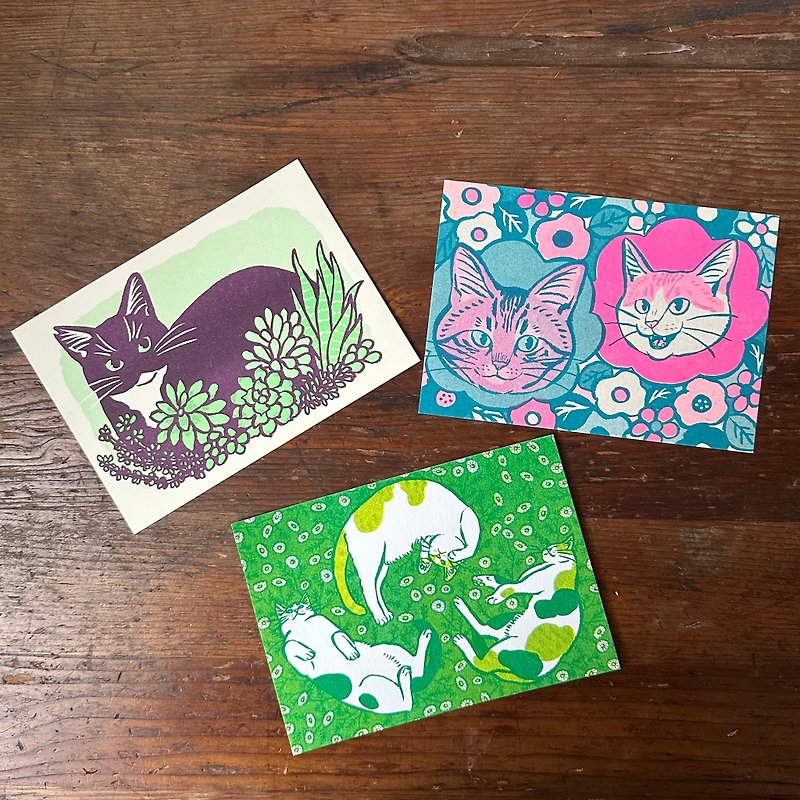 貓和植物 孔版印刷 明信片 - 心意卡/卡片 - 紙 多色