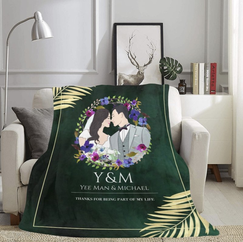 Word Custom-Luxury Green Leaves illustration Blanket - ผ้าห่ม - เส้นใยสังเคราะห์ สีเขียว