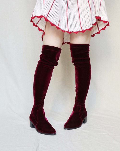 Burgundy velvet knee 2025 high boots