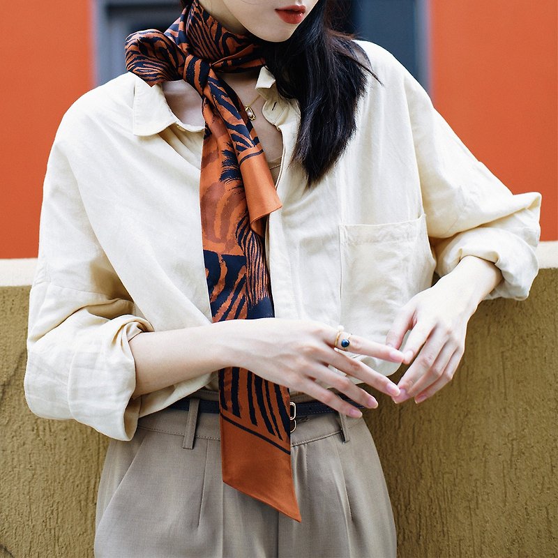 Caramel color zebra pattern original printing long silk scarf savanna series 180*7cm hair tie strap - Scarves - Silk Red