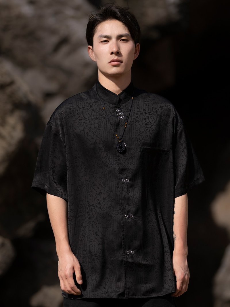 New Chinese retro stand collar short-sleeved shirt - Men's Shirts - Other Materials Black