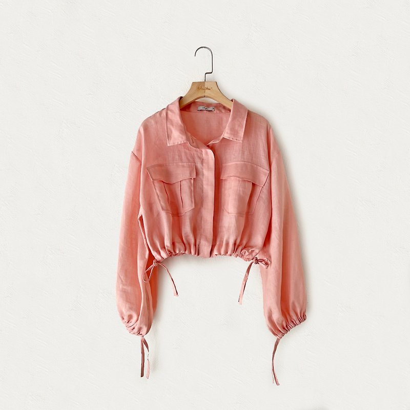 Customized series-short drawstring shirt jacket (linen) - Women's Shirts - Cotton & Hemp Pink