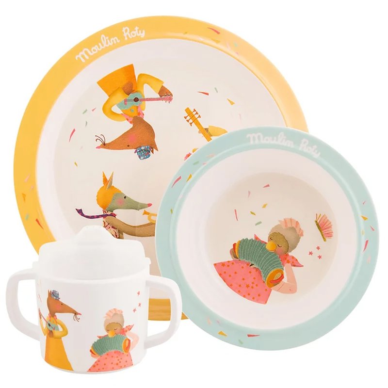 French Moulin Roty Tartempois safety cup and tray gift set (plate, bowl, cup) - จานเด็ก - พลาสติก สีเขียว