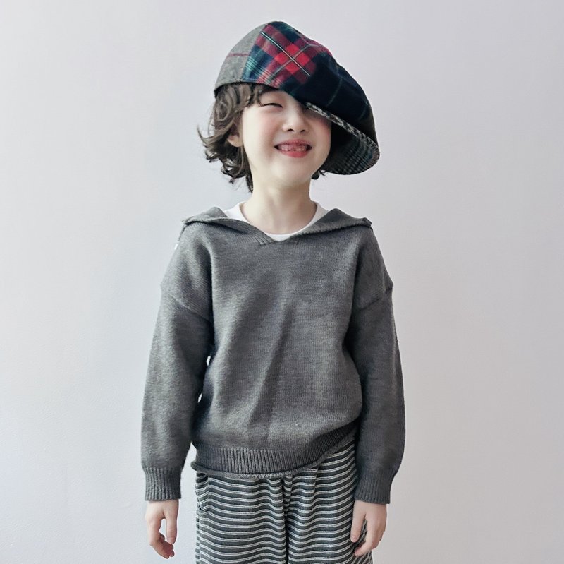 Navy collar gray pullover long-sleeved sweater/children's clothing - Tops & T-Shirts - Cotton & Hemp Gray