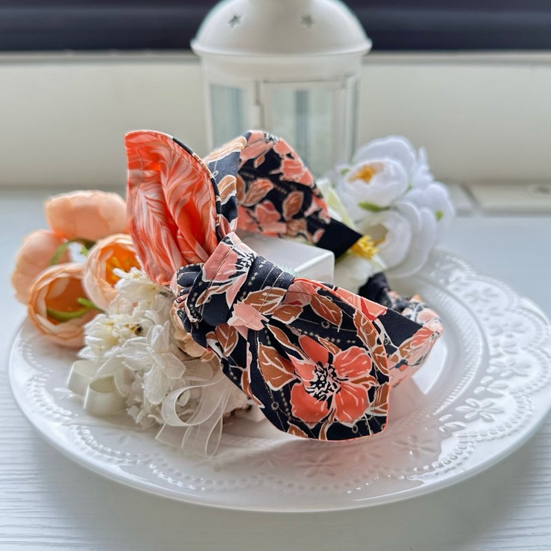 純棉拼布綁結蝴蝶結髮箍頭箍髮飾-橘黑色 - 髮箍/髮帶 - 棉．麻 黑色