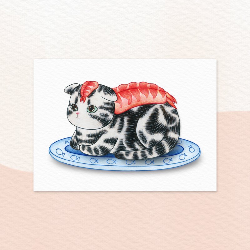 Meow Sushi-Sweet Shrimp Short Cat - การ์ด/โปสการ์ด - กระดาษ สีเทา