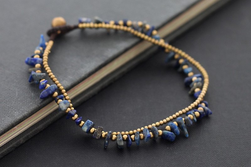 Lapis Stone Brass Beaded Woven Anklets Ankles Bracelets  - กำไลข้อเท้า - หิน สีน้ำเงิน