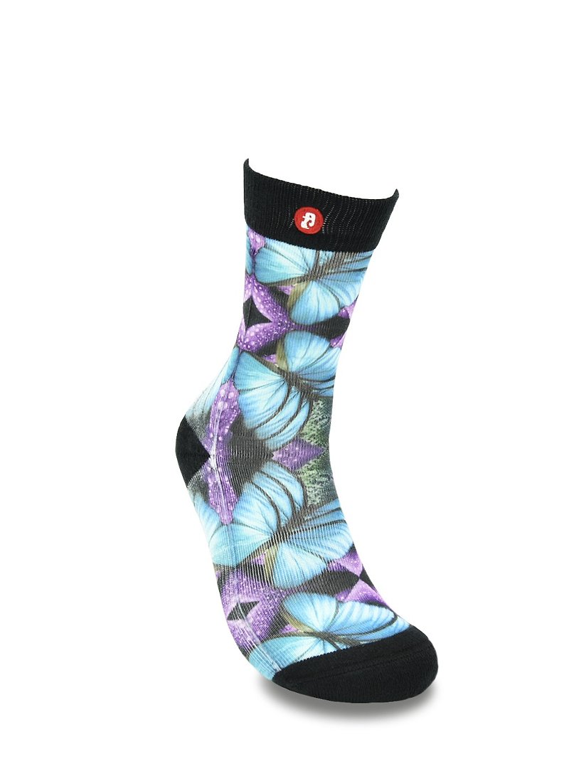 Fool's Day Printed Crew Socks - Butterfly Romance - ถุงเท้า - ผ้าฝ้าย/ผ้าลินิน สีน้ำเงิน