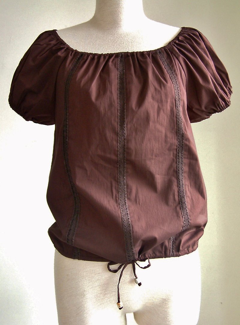 Puff sleeve top with lace (coffee) - เสื้อผู้หญิง - ผ้าฝ้าย/ผ้าลินิน สีนำ้ตาล