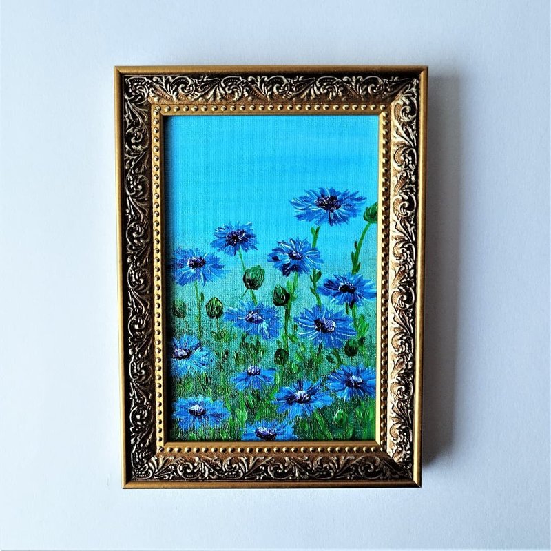 Acrylic Painting of Cornflowers | Landscape Wildflowers Art Wall Decor - 壁貼/牆壁裝飾 - 壓克力 藍色