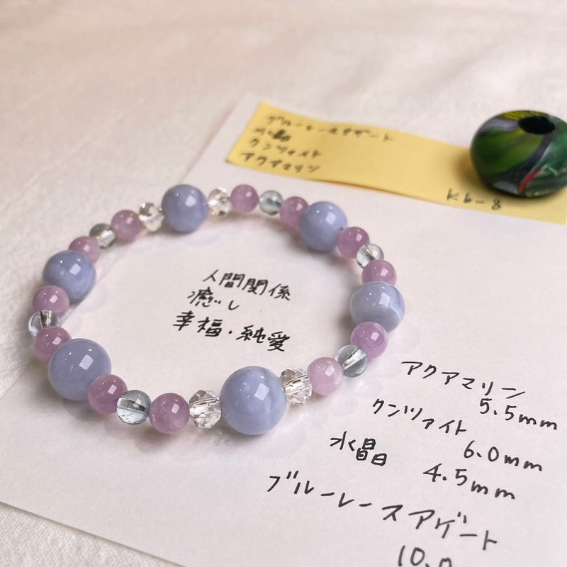 Blue veined agate white crystal kunzite natural mineral energy handmade gift made in Japan crystal bracelet - สร้อยข้อมือ - คริสตัล สีน้ำเงิน