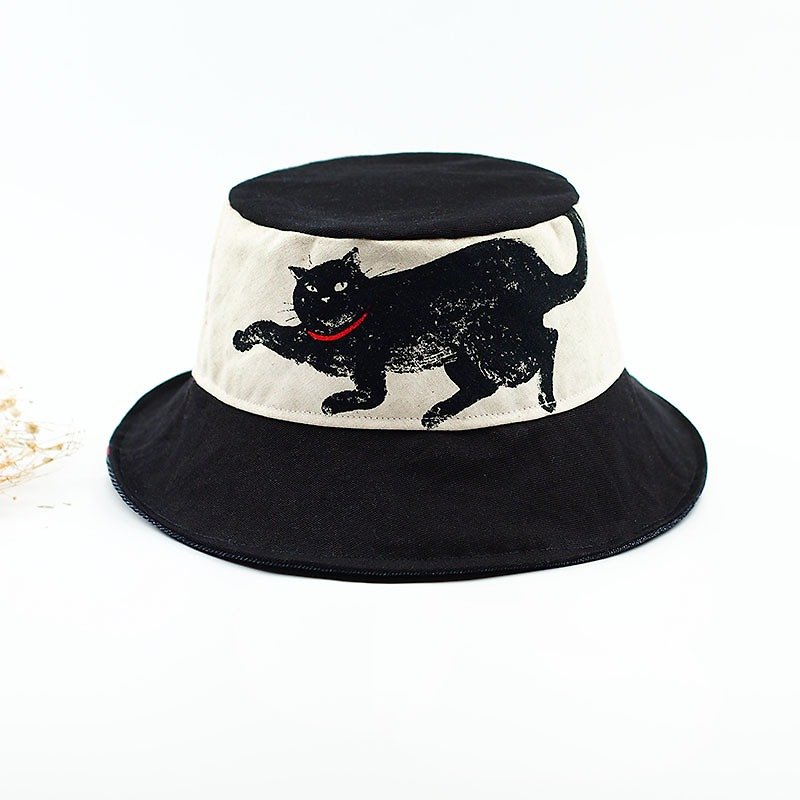 Maverick Village Calf Village Handmade Double-Hooded Men and Women Fisherman's Hat Cat's Cat! Cat's Fir [H-231] Limited Edition - Hats & Caps - Cotton & Hemp Black