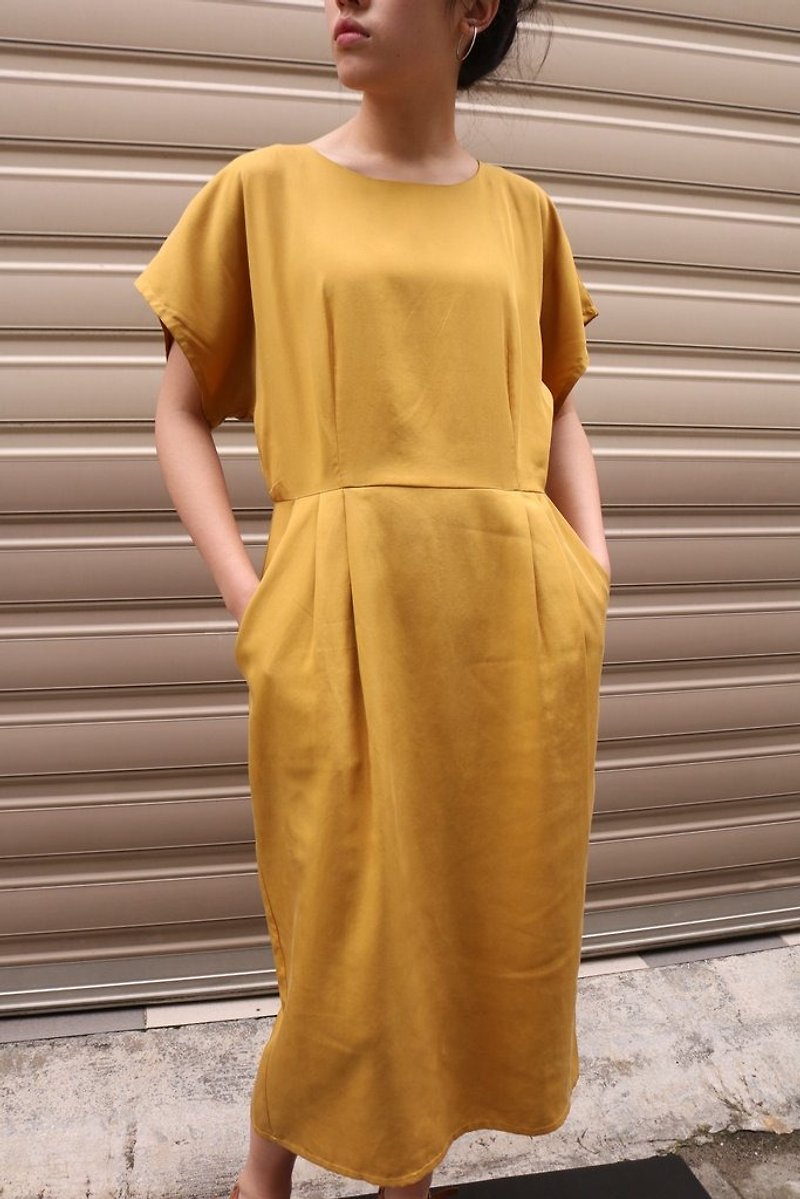 夏日芥黃圓領洋裝 - 洋裝/連身裙 - 棉．麻 