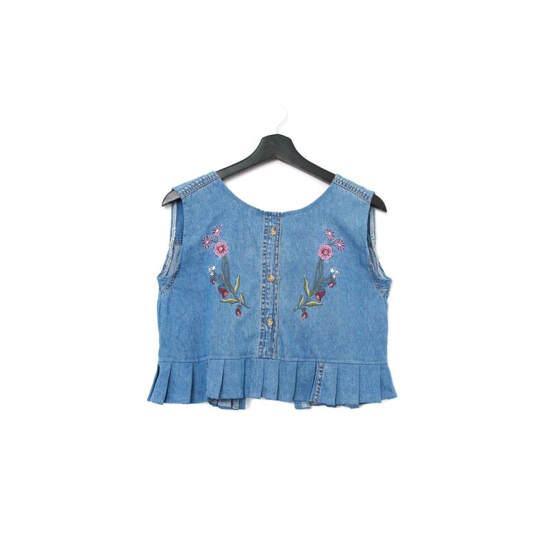 Back to Green-丹寧刺繡背心 紫色雛菊 花朵 dv-16//vintage vest - 背心/無袖上衣 - 棉．麻 
