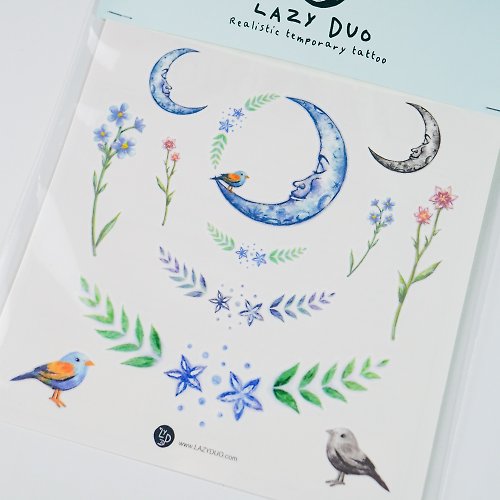╰ LAZY DUO TATTOO ╮ 手繪童話水彩刺青紋身貼紙月亮森林小鳥花草植物月球粉藍天空星夜