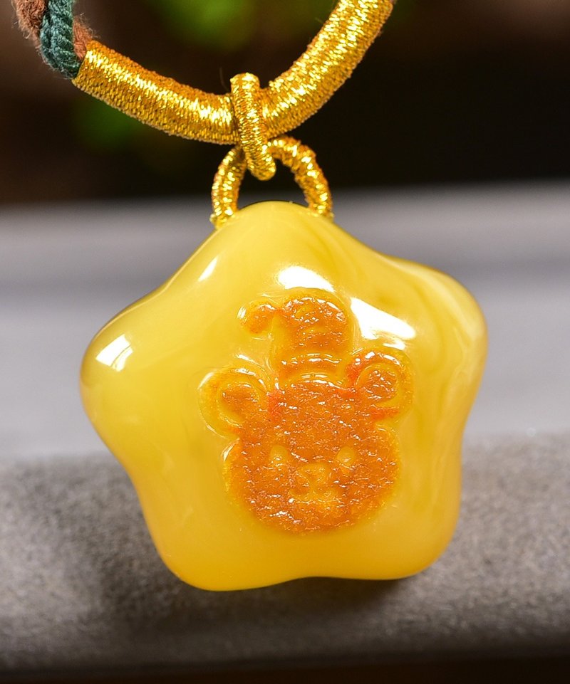 天然頂級膠皮料滿蠟雞油黃星星吊墜 頂級膠皮料 全品無暇 - 項鍊 - 寶石 