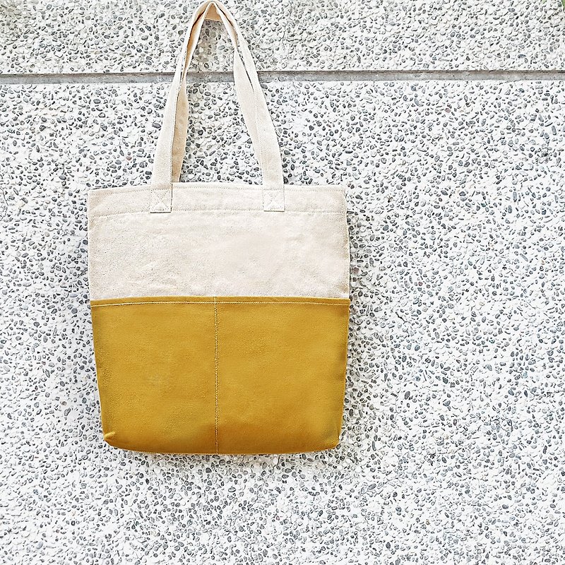 Thick canvas color double pockets big bag (shoulder bag / handbag) - mustard yellow - กระเป๋าแมสเซนเจอร์ - ผ้าฝ้าย/ผ้าลินิน สีเหลือง