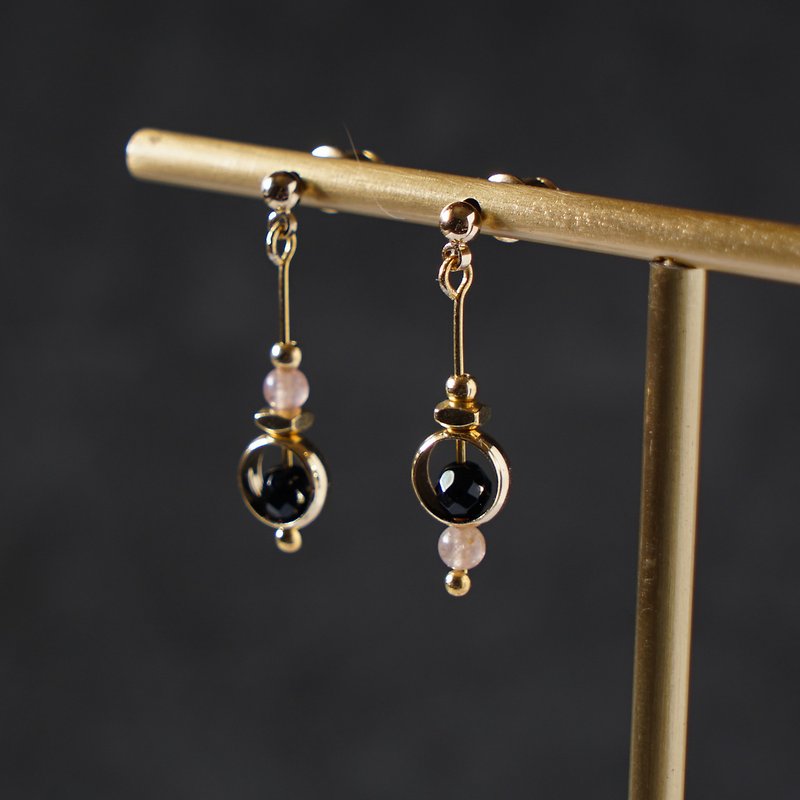 Black Onyx Red Star Stone Mumbling Earrings-Can be made clip-on - Earrings & Clip-ons - Copper & Brass Black