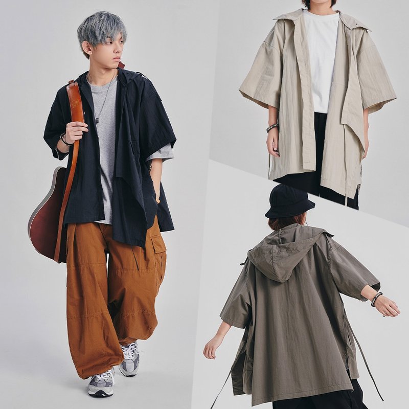 TopBasics 日系無領連帽和服道袍 - 男襯衫/休閒襯衫 - 棉．麻 卡其色