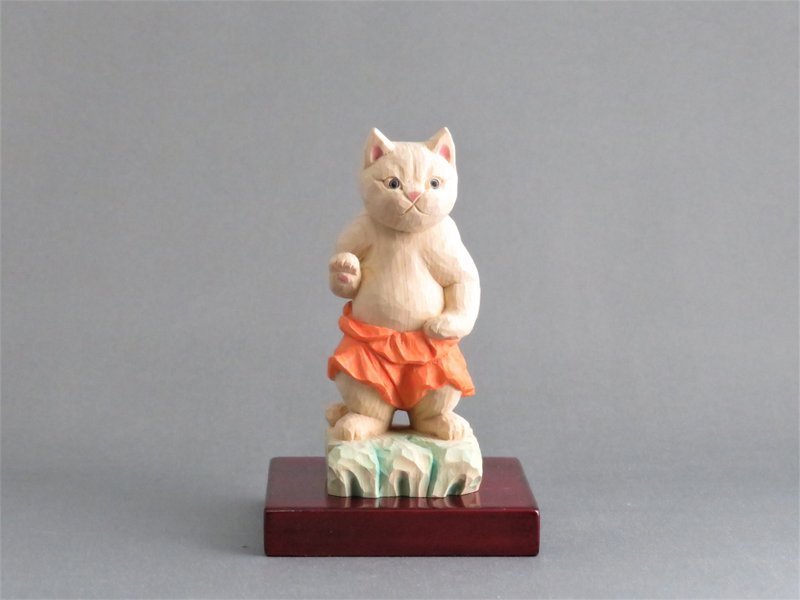 木彫り　金剛力士猫　猫仏1933 - 公仔/玩偶 - 木頭 橘色