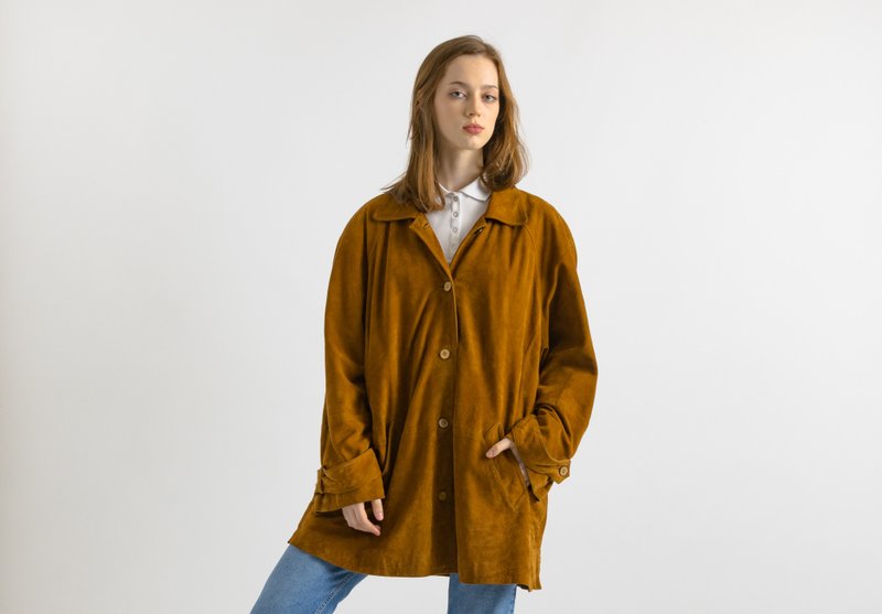 Vintage Suede Pocket Long Coat Streetwear Brown Leather Lined Jacket Large 7052 - 女大衣/外套 - 真皮 咖啡色