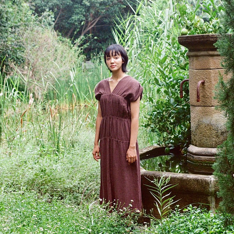 Mulmul dark brown dress drawstring - 洋裝/連身裙 - 棉．麻 咖啡色